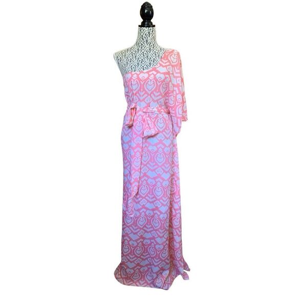 Kenna + Maxi Cami Ikat Tribal‎ Print Belted One Shoulder Kaftan Pink, White Size - Picture 1 of 12